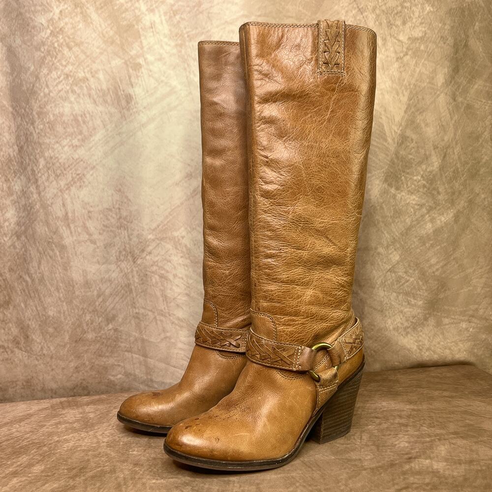 Lucky Brand Knee High Riding Boots Brown Leather Woven Buckle Strap Heeled Y2K
